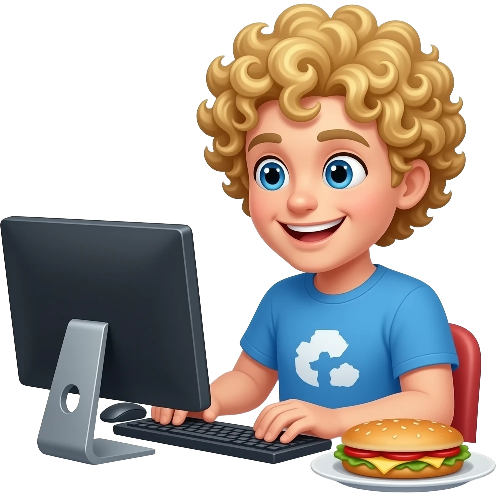 hungry software developer, somehow happy, blonde, with a pc and curly hair waiting for food emoji