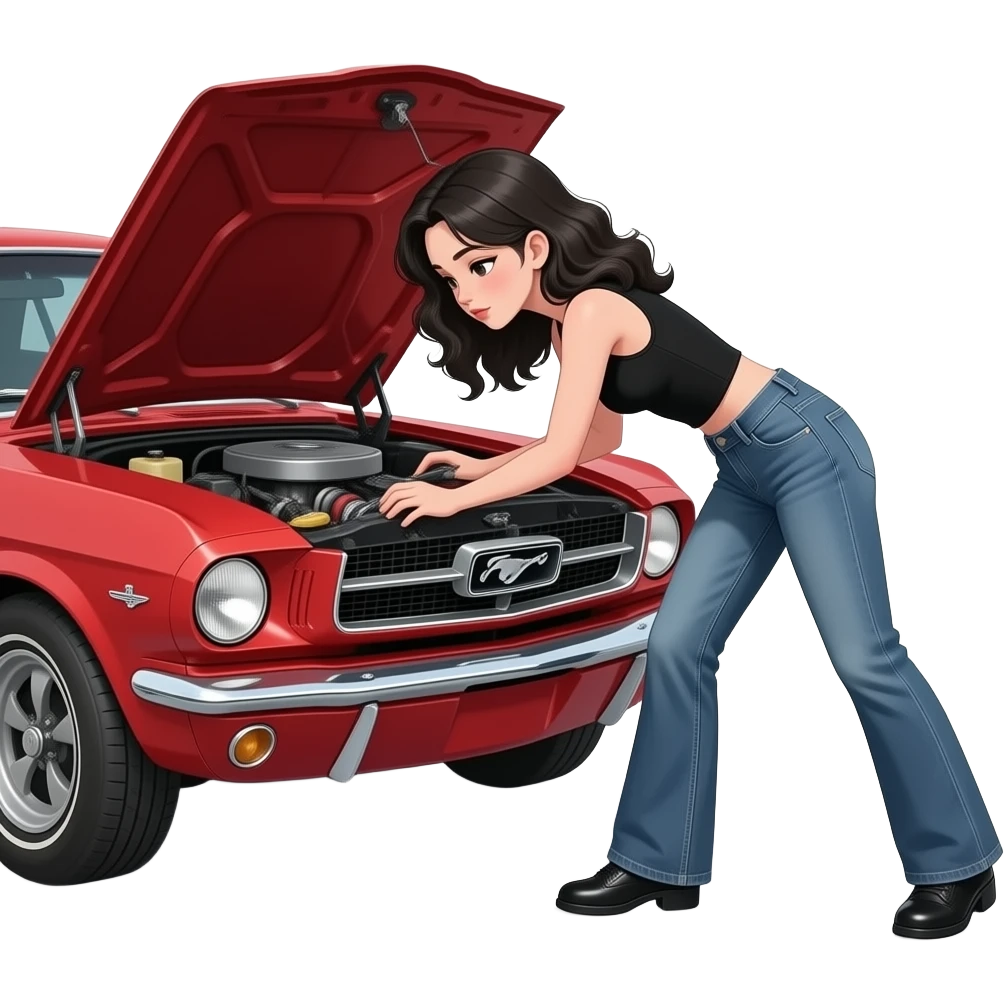 Pale girl with wavy jet black hair, seen from the side, bent forward and fixing the engine inside the open hood of a red ford mustang 1968 coupe. Girl wearing a sheer black sleeveless top and jeans. Legs wide spread emoji