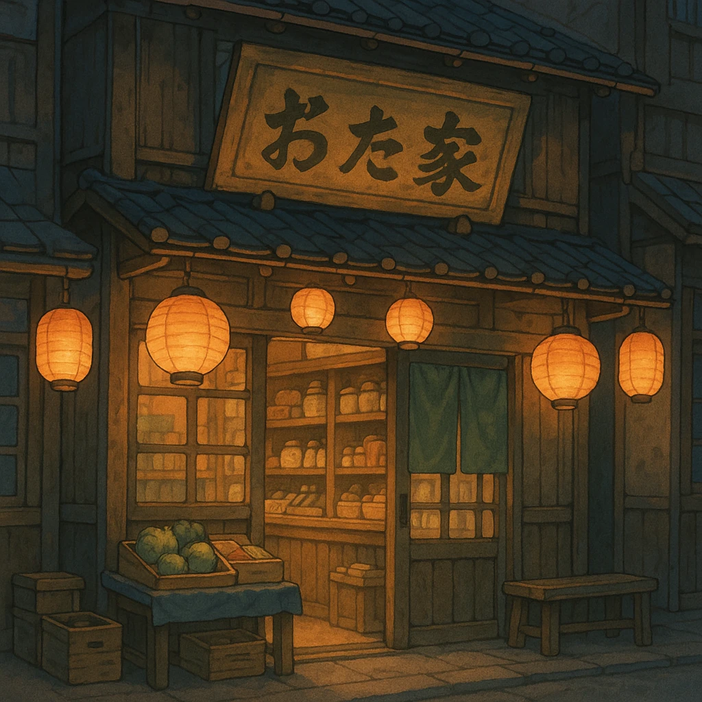 Cozy anime storefront with traditional Asian elements, warm lighting, hanging lanterns, shop sign in Japanese style, Studio Ghibli style emoji