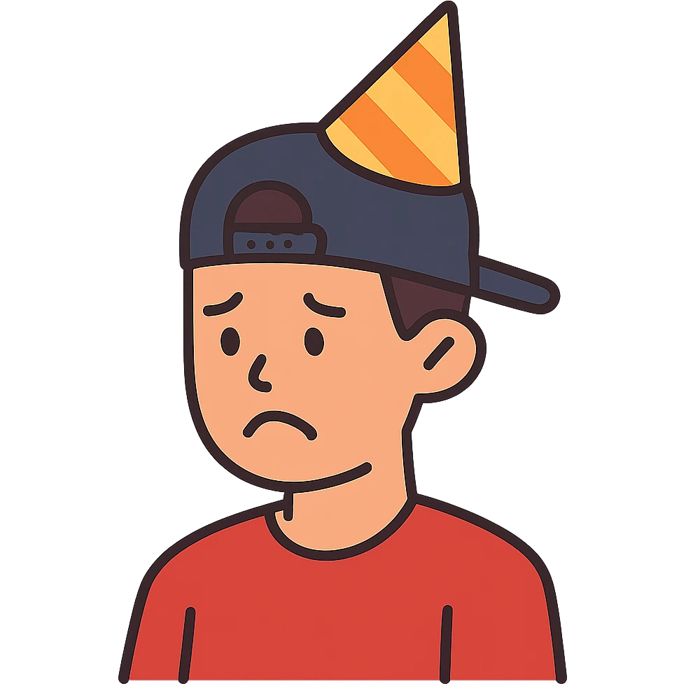 flat toon style sad party guy with a snapback hat emoji