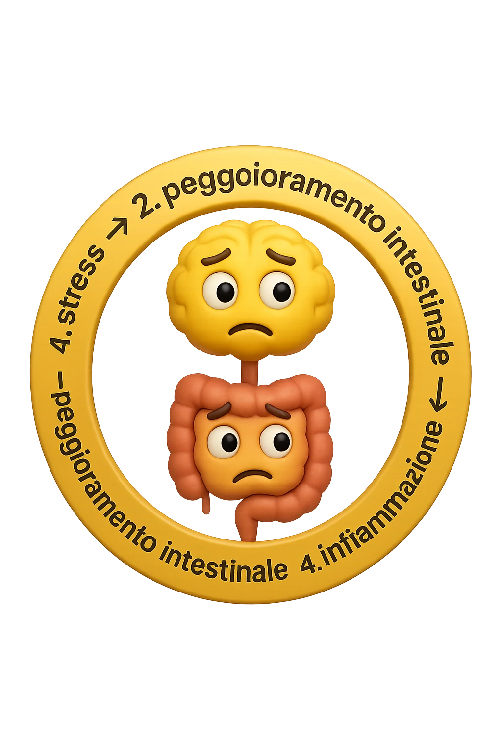 EMOJI STILE IPHONE 3D DI un cerchio con queste scritte che girano intorno in ordine per come li ho scritti "1. stress → 2. peggioramento intestinale → 3. aumento infiammazione → 4. peggioramento sintomi intestinali e sistemici." al centro del cerchio metti un cervello e intestino umani collegati verticalmente con espressione dubbiosa in volto, FALLO MOLTO REALISTICO IN 3D emoji