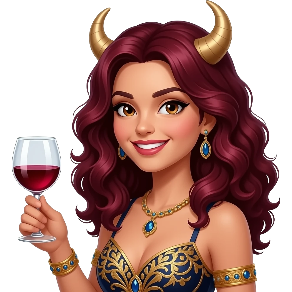 Девушка телец с темно-русыми кучерявыми волосами держит дорогой и красивый бокал с вином в руке, на лице ухмылка, вещи дорогие emoji