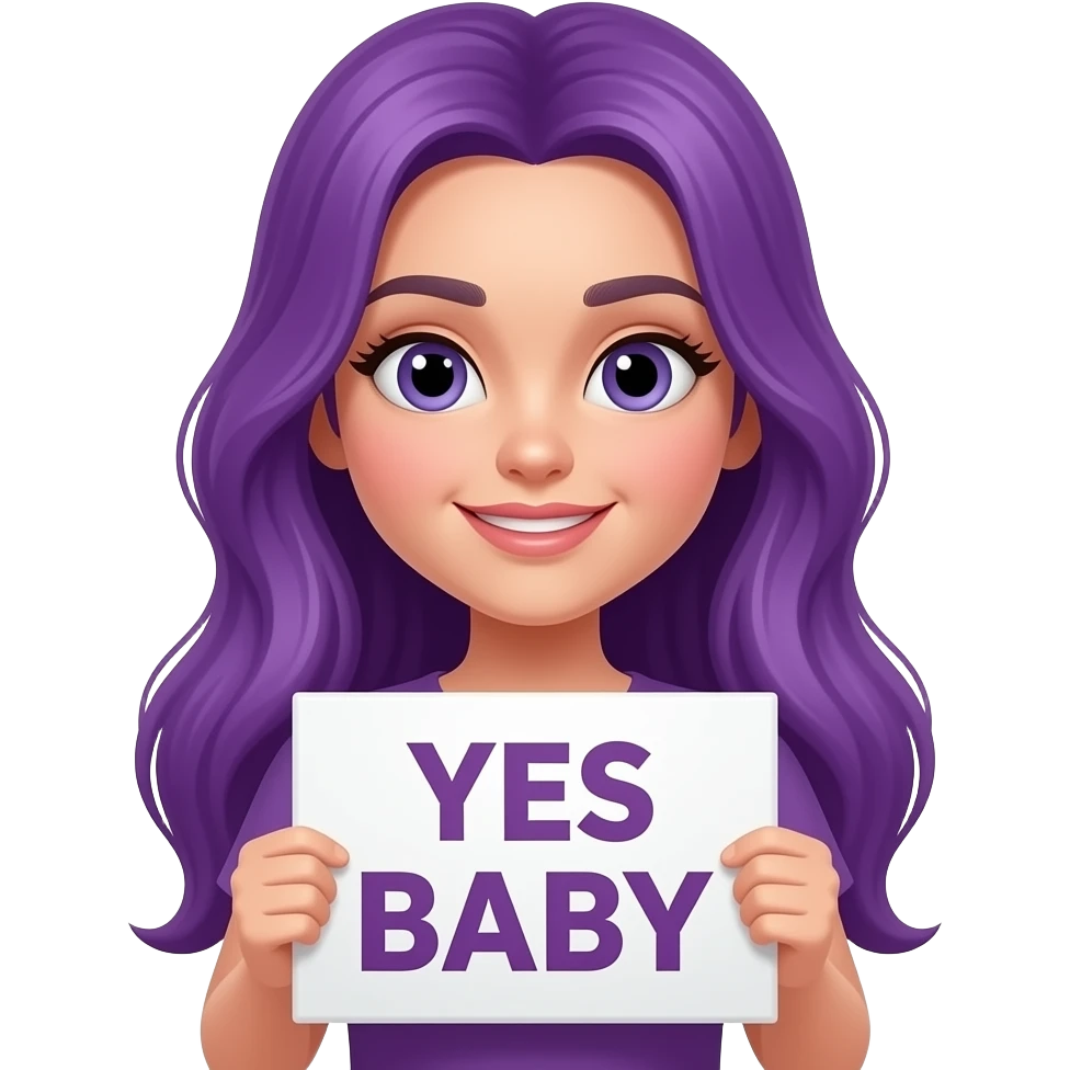 girl with long purple hair holding a YES BABY sign emoji