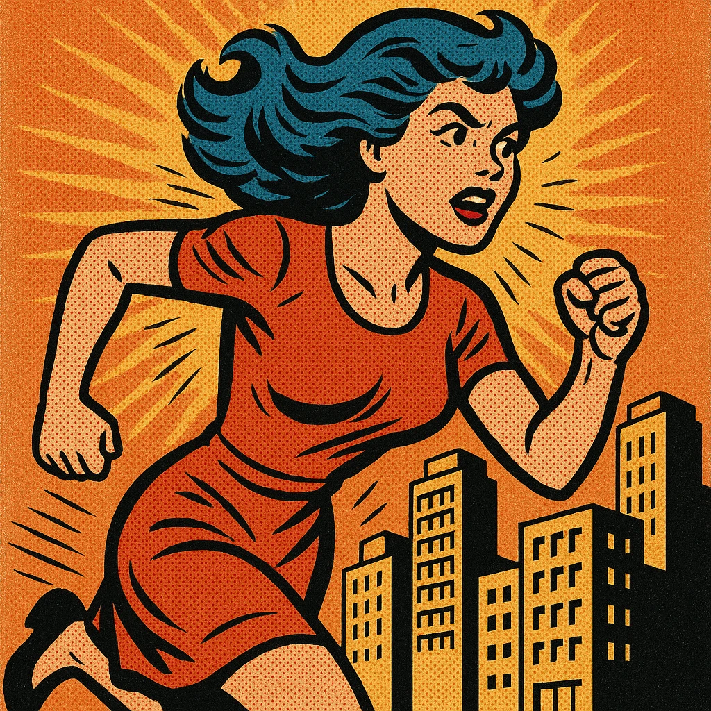Woman with blue hair running in a city emoji