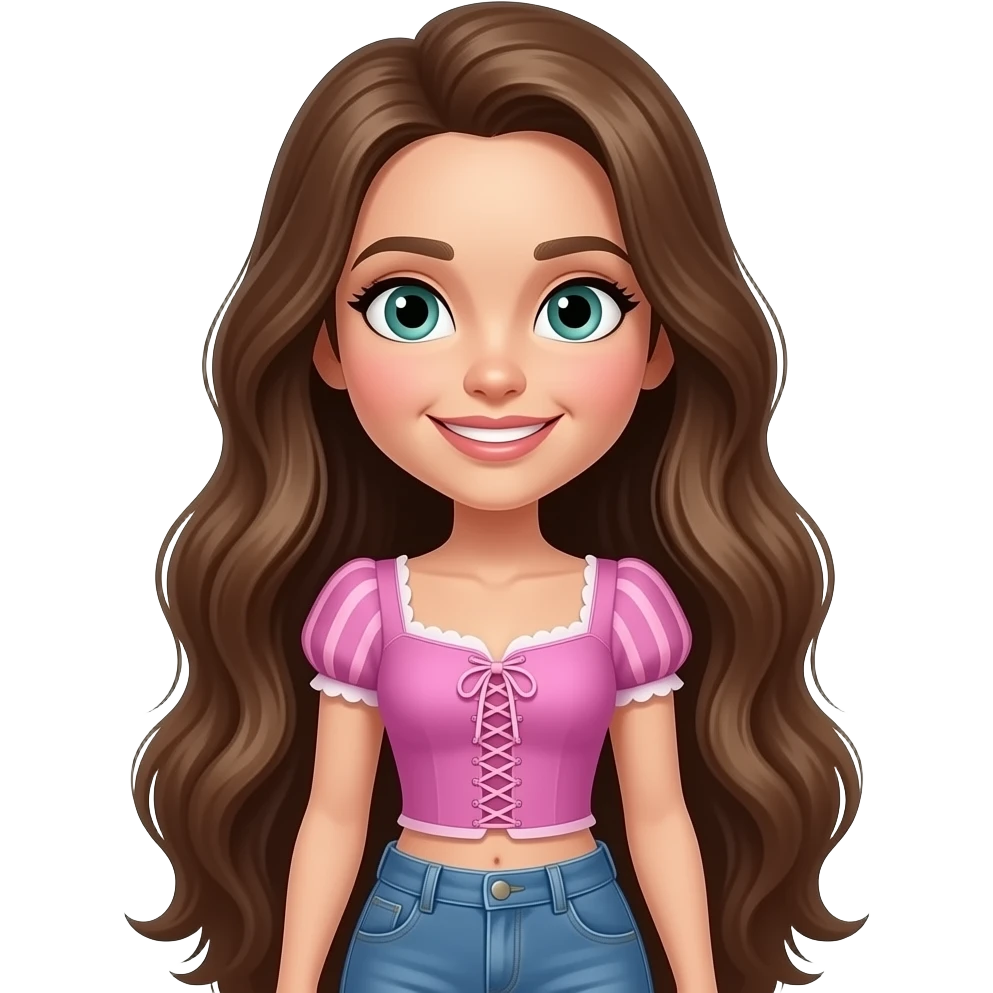 Realistic Pretty girl that looks like angelian jolie mixed with rapunzel and has dark blonde long thick shiny hair and has a beautiful smile that is seductive but still young and beautiful and is wearing jeans with a pink top emoji