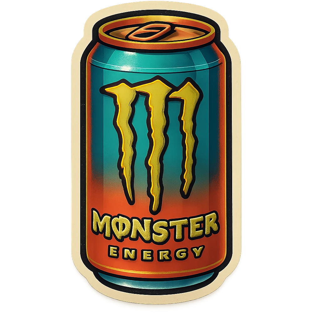 monster energy drink can, retro stickers style, bold outlines, vintage colors emoji