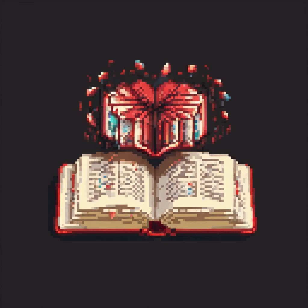 floating red book, opened with magical glowing pages, pixel art style, dark background emoji