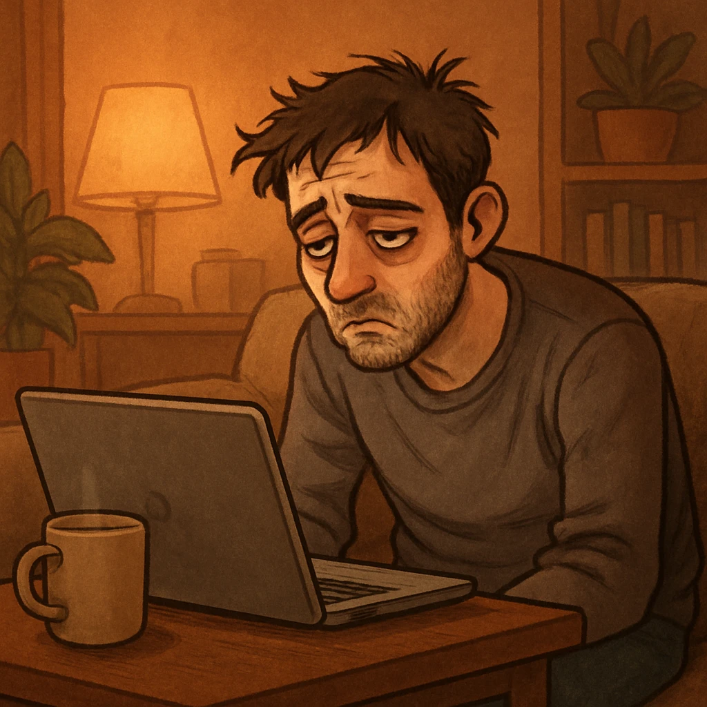 tired blogger with a laptop, slouched posture, bags under eyes, casual clothes, coffee mug nearby, cozy indoor setting emoji
