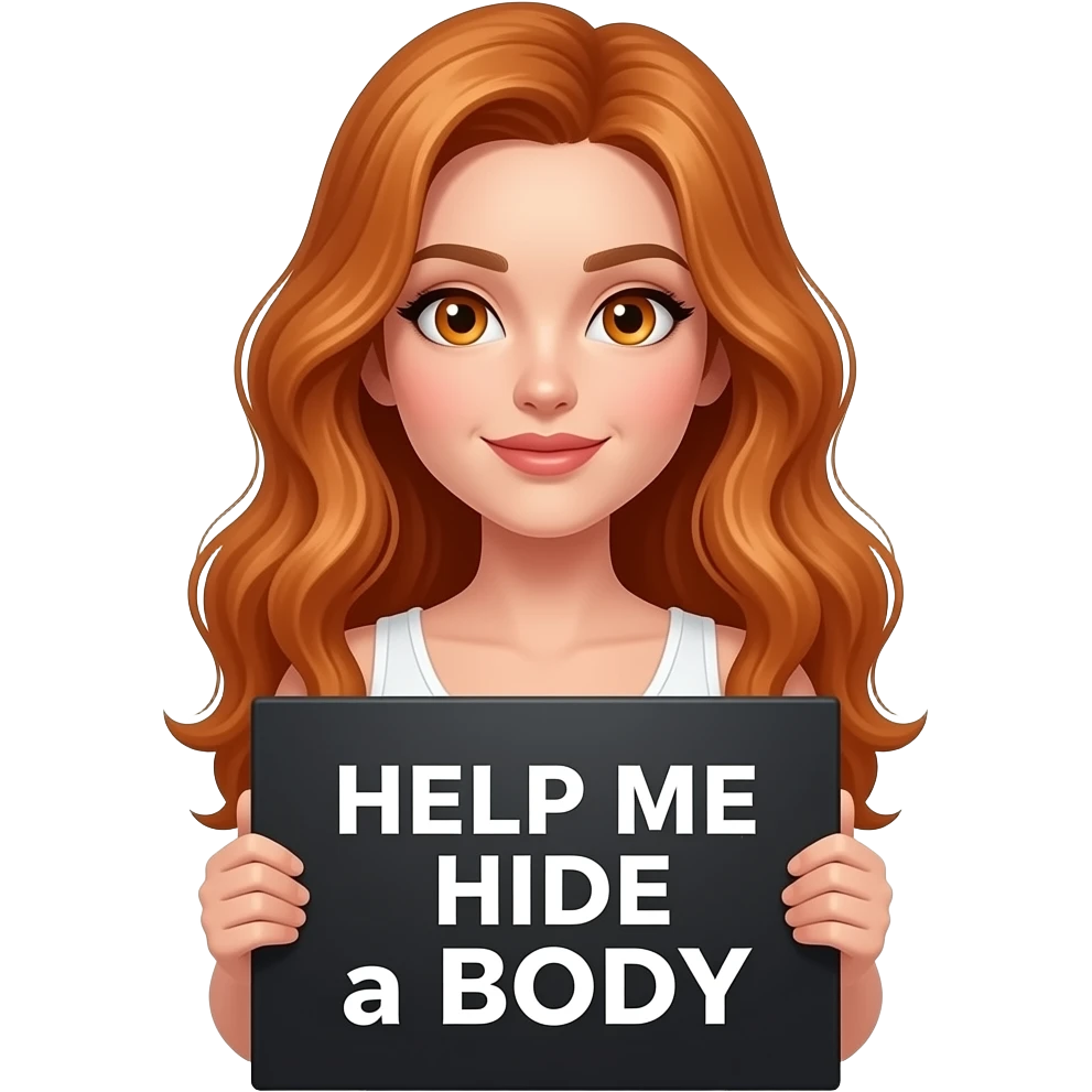 sexy girl with long wavy ginger hair and ginger eyes wearing a white tanktop is holding a black colored sign with HELP ME HIDE a BODY written on it emoji
