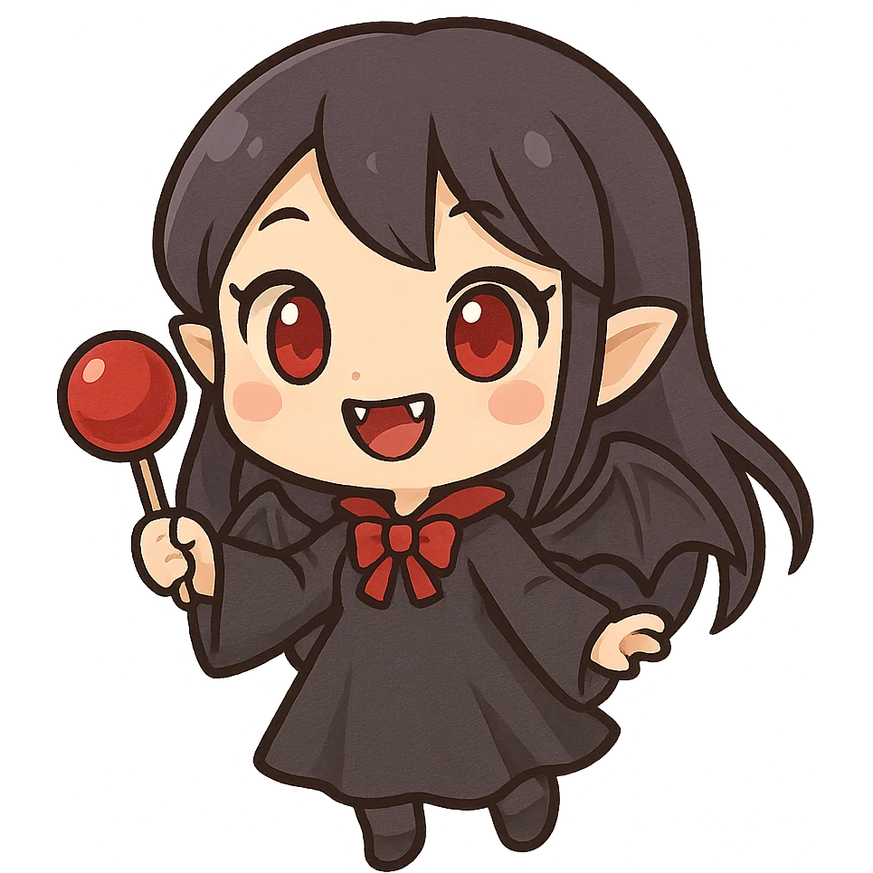 vampire girl, chibi style, oversized head, tiny body, bat wings, smiling, holding a blood-red lollipop emoji