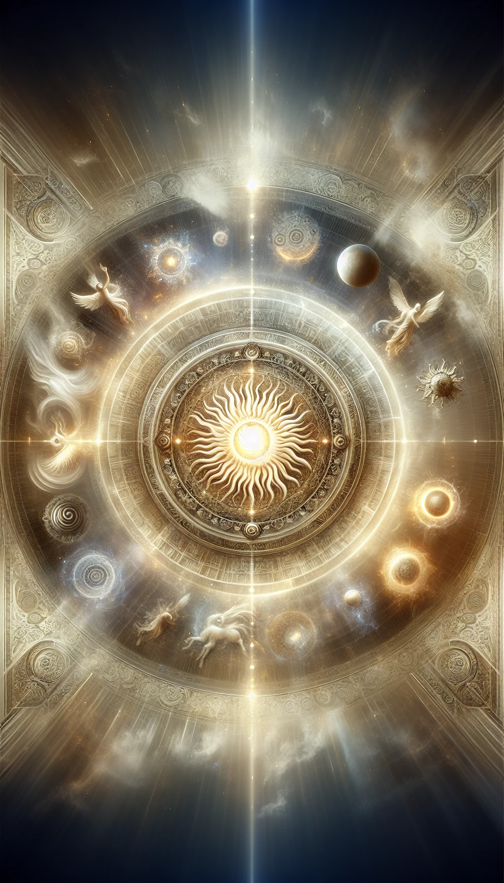 il sole è dio, sfondo mistico neutro chiaro, attorno al sole fluttua una magia mitologica, iperrealistico 4k emoji