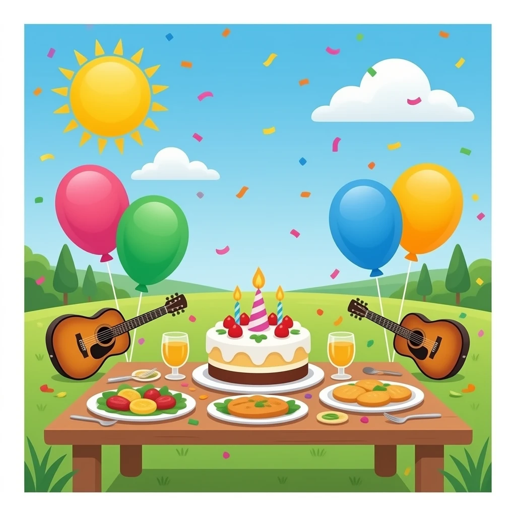Birthday party for a woman named Simona. In it there has to be balloons, confettis, cake, music and a lot of food emoji