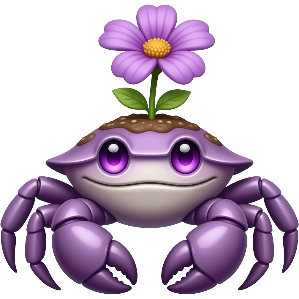 A purple crab with a purple  flower growing on its back on its back purplen eyes glowing eyes facing forward emoji