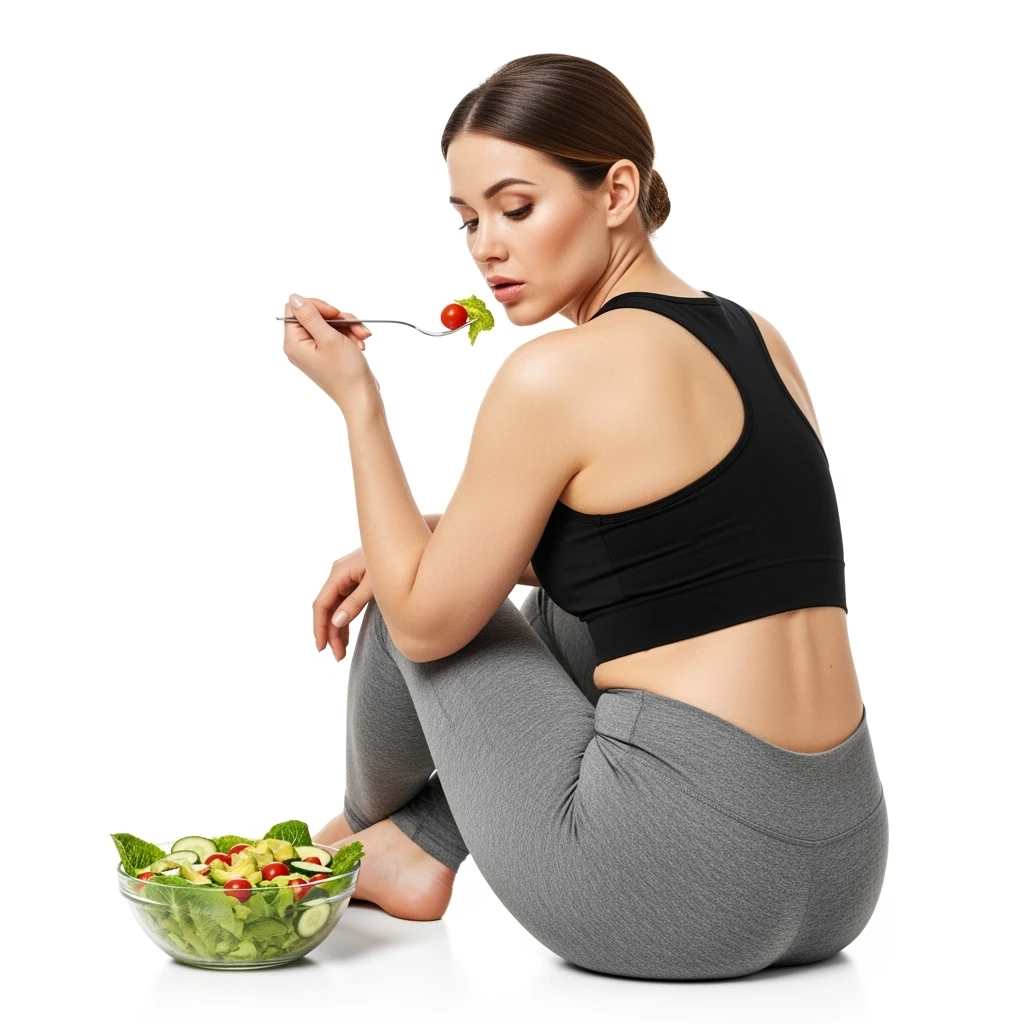 DONNA FITNESS CON CELLULITE CHE MANGIA INSALATA CON ESPRESSIONE TRISTE, ISOLATA SU SFONDO BIANCO emoji