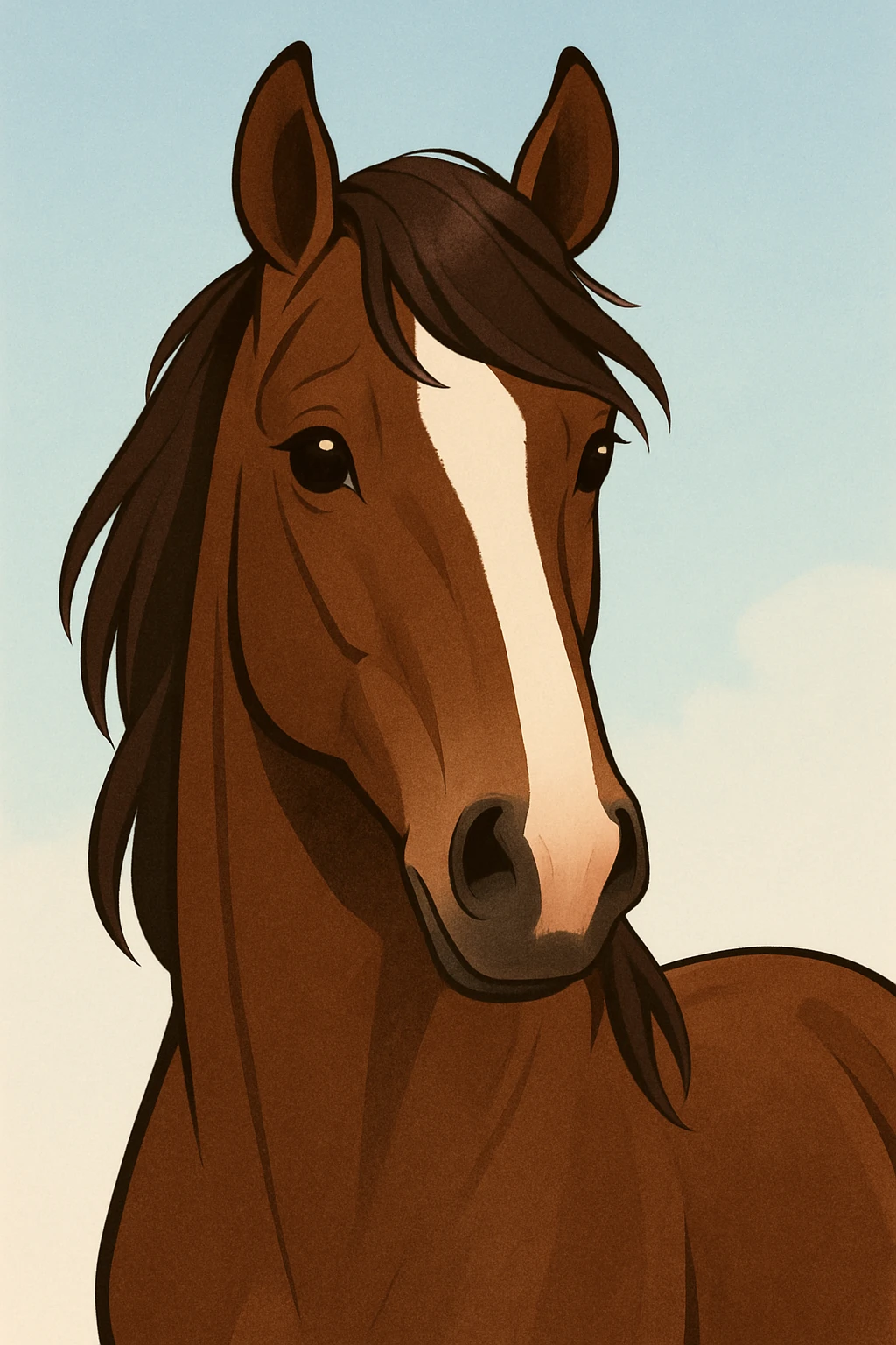 brown horse with chocolate mane and a long white stripe on its muzzle, clean appealing style emoji