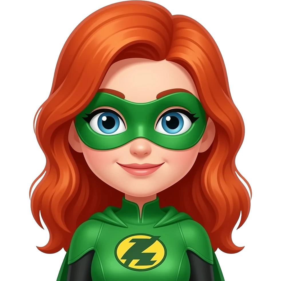quiero que me hagas a una superheroina con el pelo pelirrojo mascara verde i con un traje verde que sea UNA NIÑA sin orejas emoji