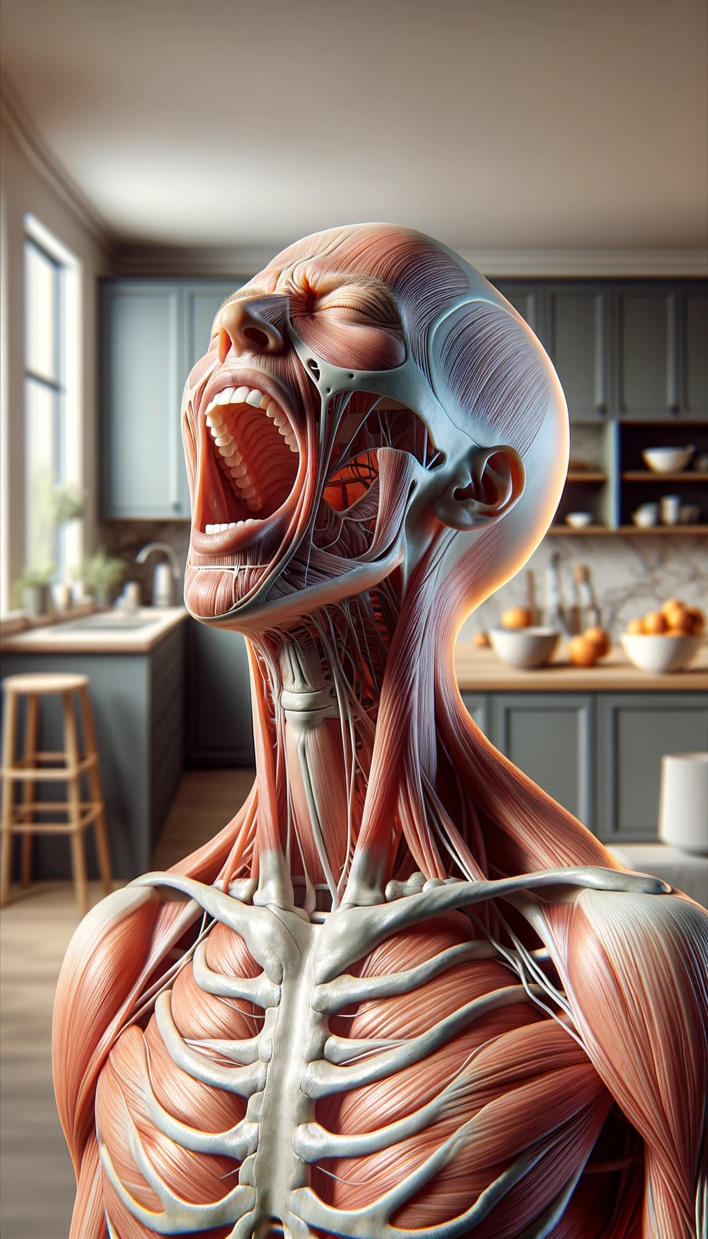 corpo umano anatomico che prende un forte respiro con la bocca tutta aperta, sfondo  della sua cucina sfocata in sottofondo, iperrealistico 4k emoji