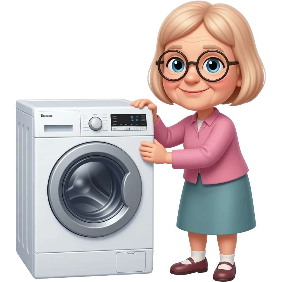 old lady.slim.small. has very short pale red hair. in love with her new washing machine emoji