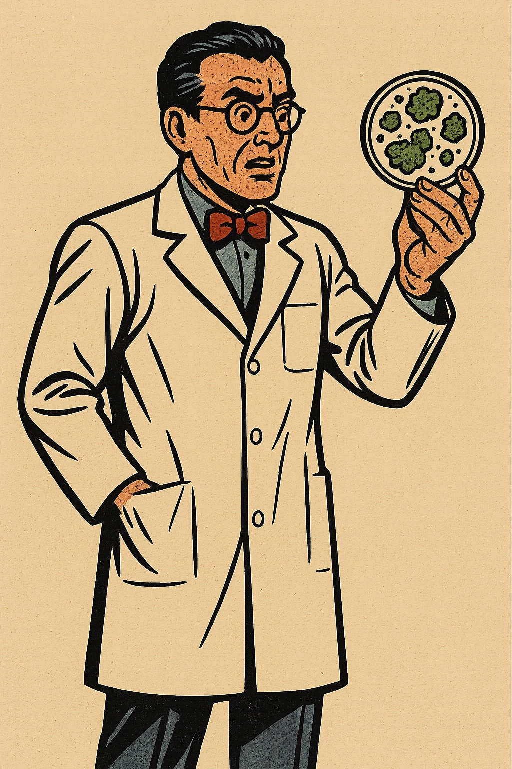The full body of 1940s male scientist wearing a white lab coat over his suit with a red bow tie. He is holding a mouldy petri dish emoji