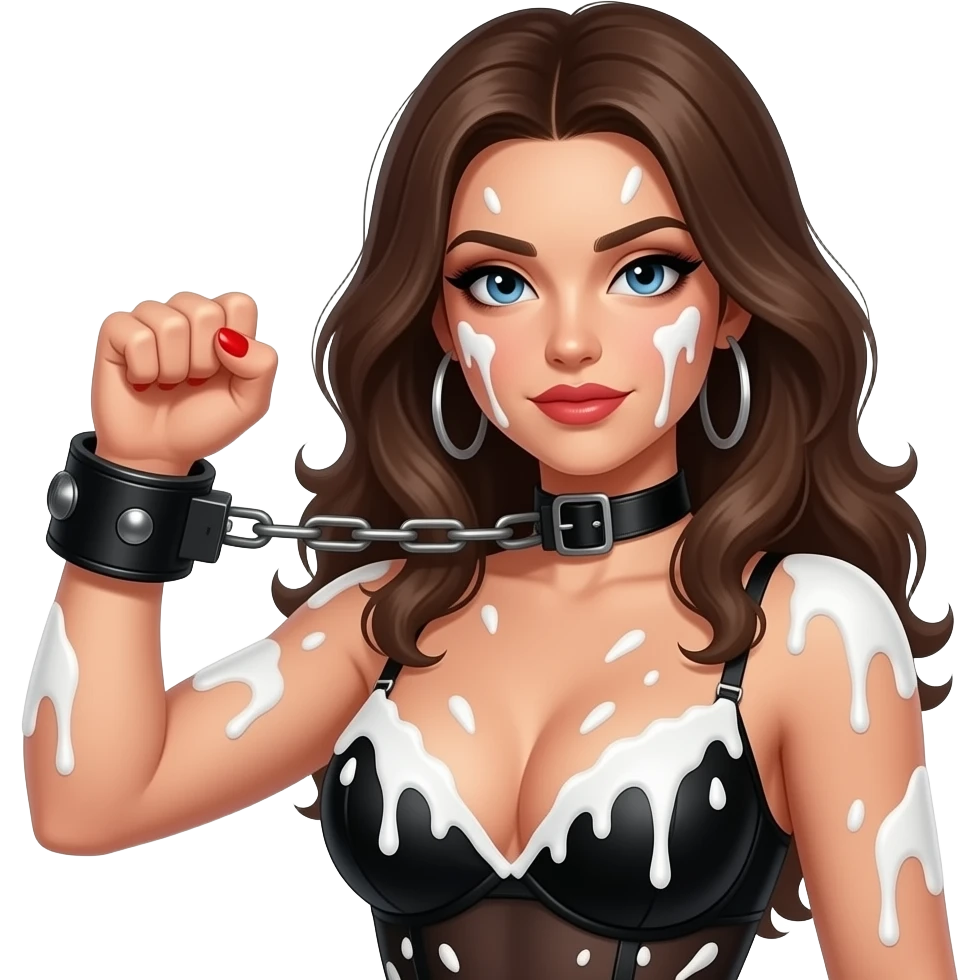 Sexy brunette a black lingerie covers all over with splattered chunky whitecake batter with clenched fist and one red nailsblack leather hand cuffs   close-up emoji