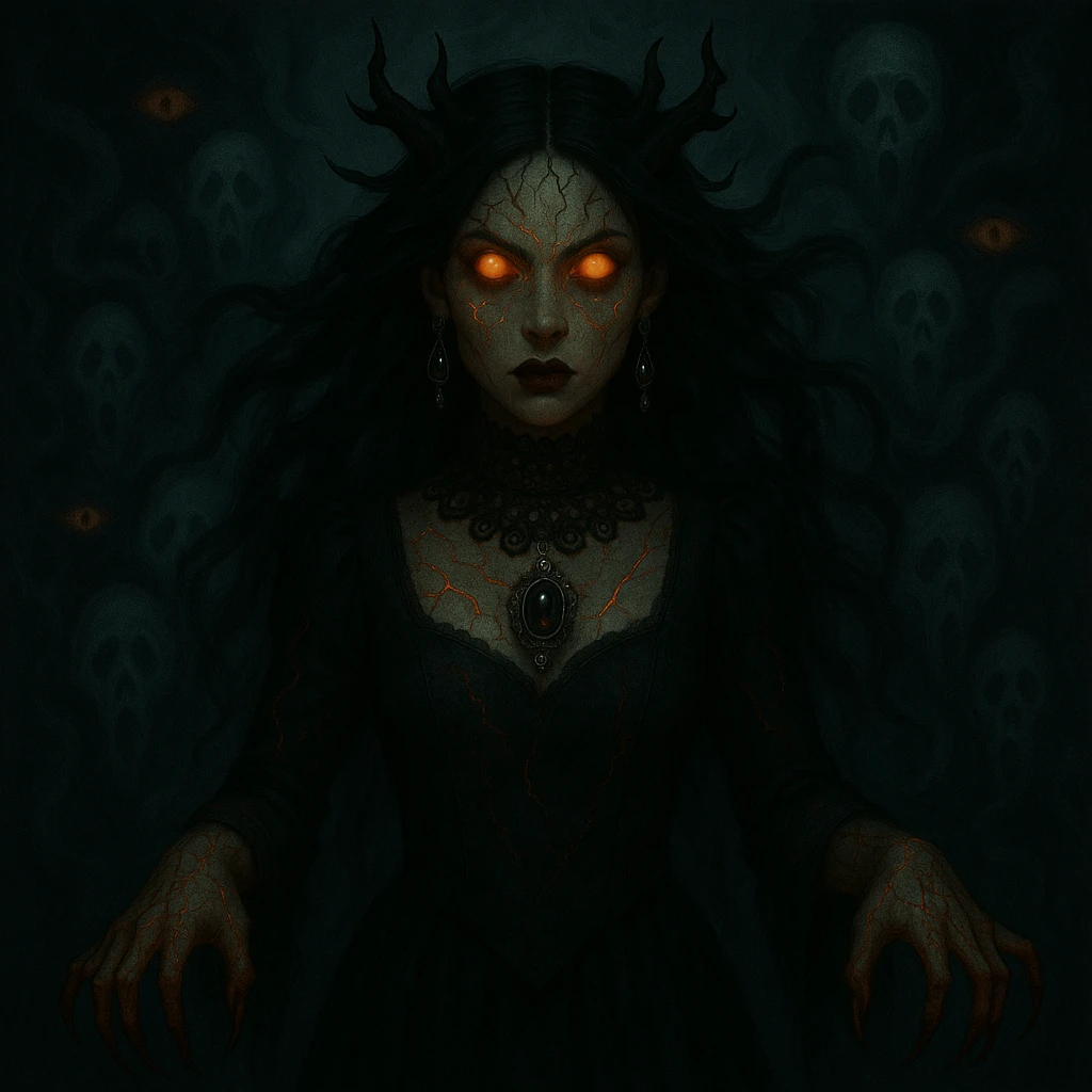 Add ornate gothic jewelry including a black lace choker, silver pendant, and dark gemstone earrings while keeping the horror and supernatural features intact. emoji