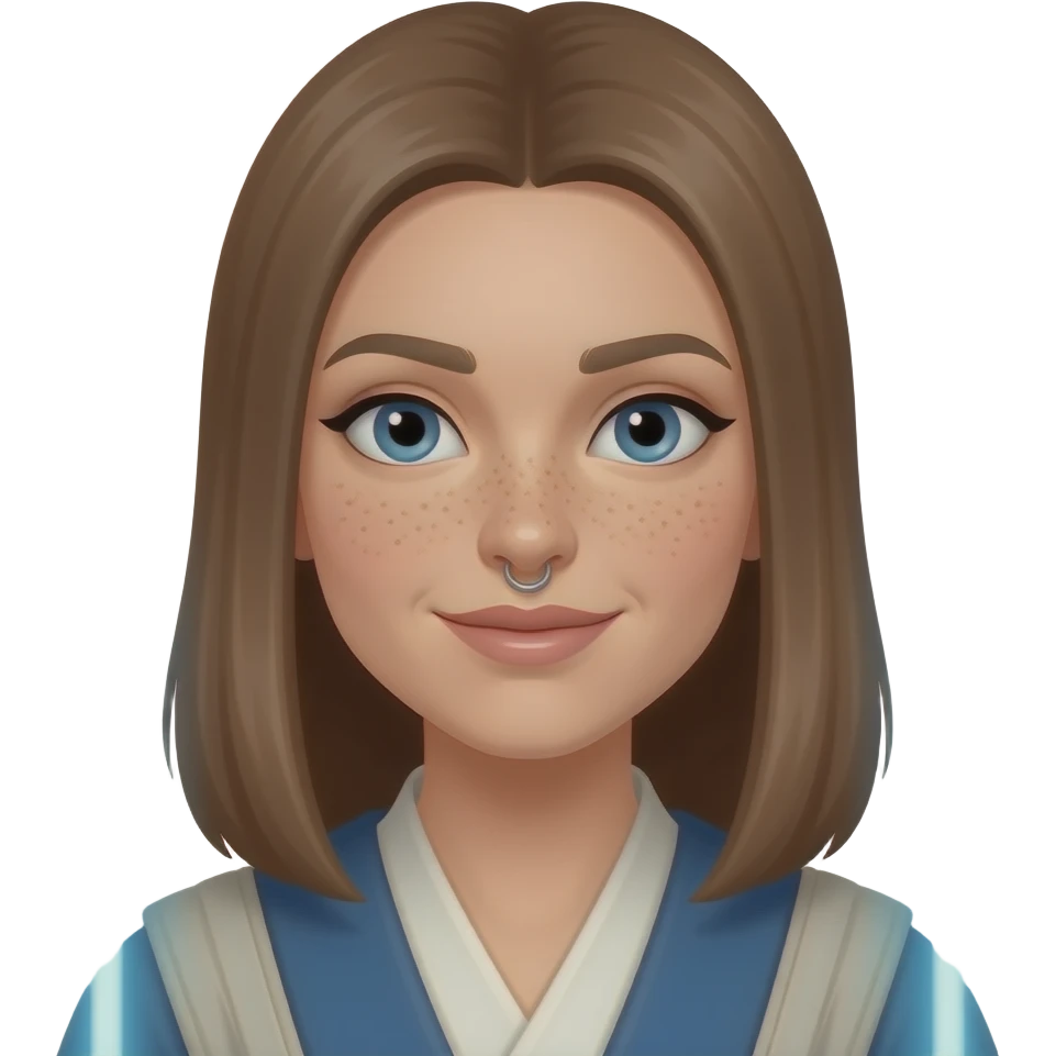 Female princess with blue lightsaber,slightly lighter skin tone , with shoulder length straight hair and a nose ring, freckles around nose emoji