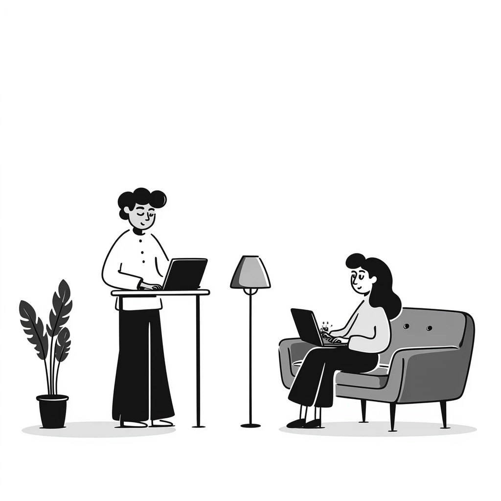 escenary 3d of a cozy mid-century living room with two people working on laptops, one man standing at a desk and one woman sitting on a couch, two walls and floor visible emoji