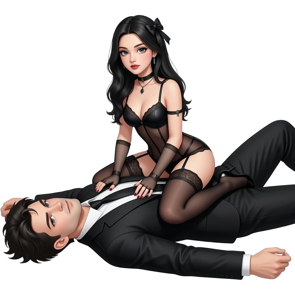 Sexy gothic girl with lingerie sitting over a sexy gothic man laying down face emoji