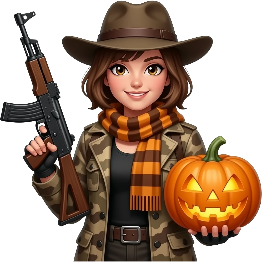 female human monster hunter emoji, wearing brown camo coat, hat and with rifle, holding glowing pumpkin  , soft smile, scarf, , Halloween fantasy style, clean vector Apple emoji look, bright colors,  square emoji