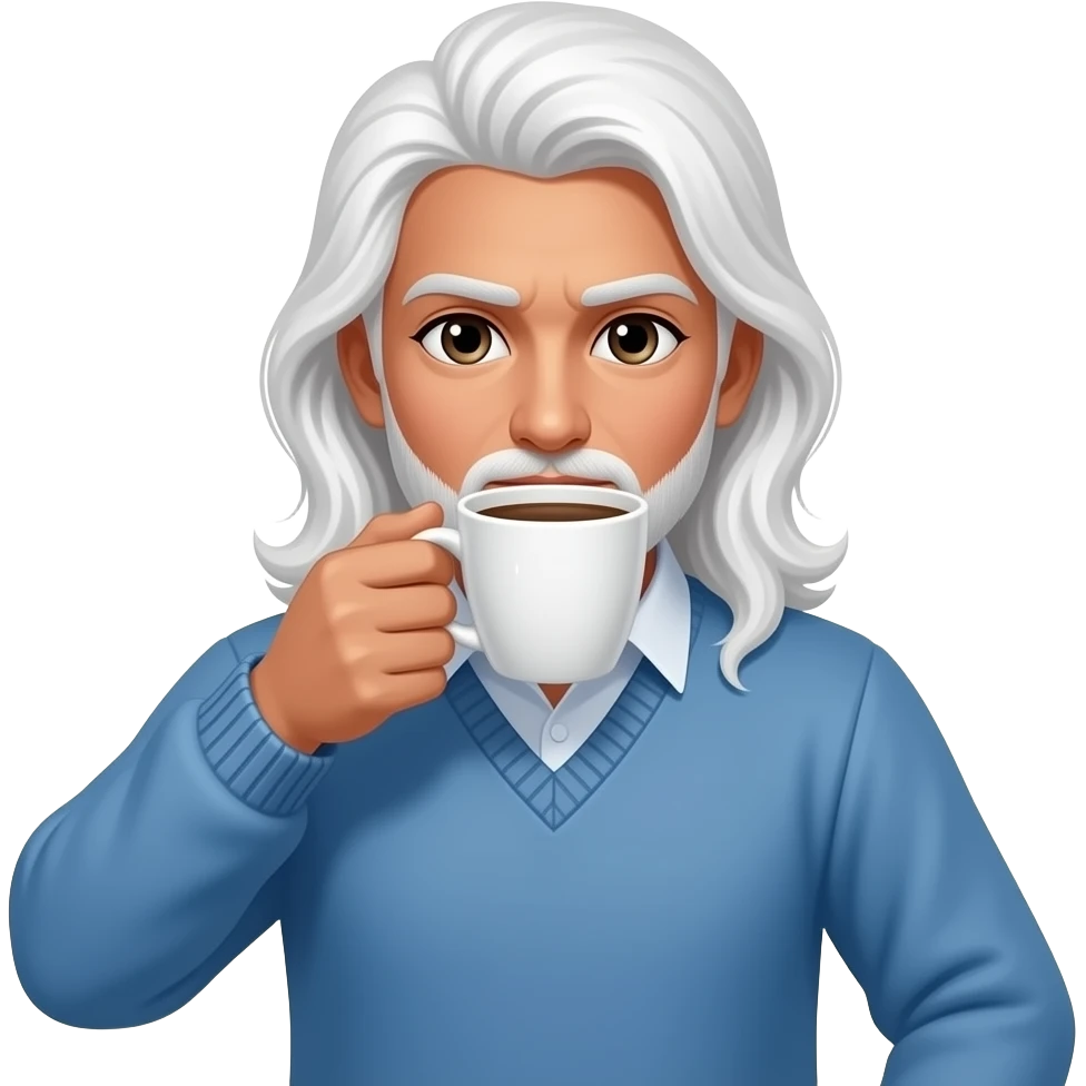 Pakistani guy with long white hair drinking coffee, wearing blue sweater, no facial hair - bare face emoji