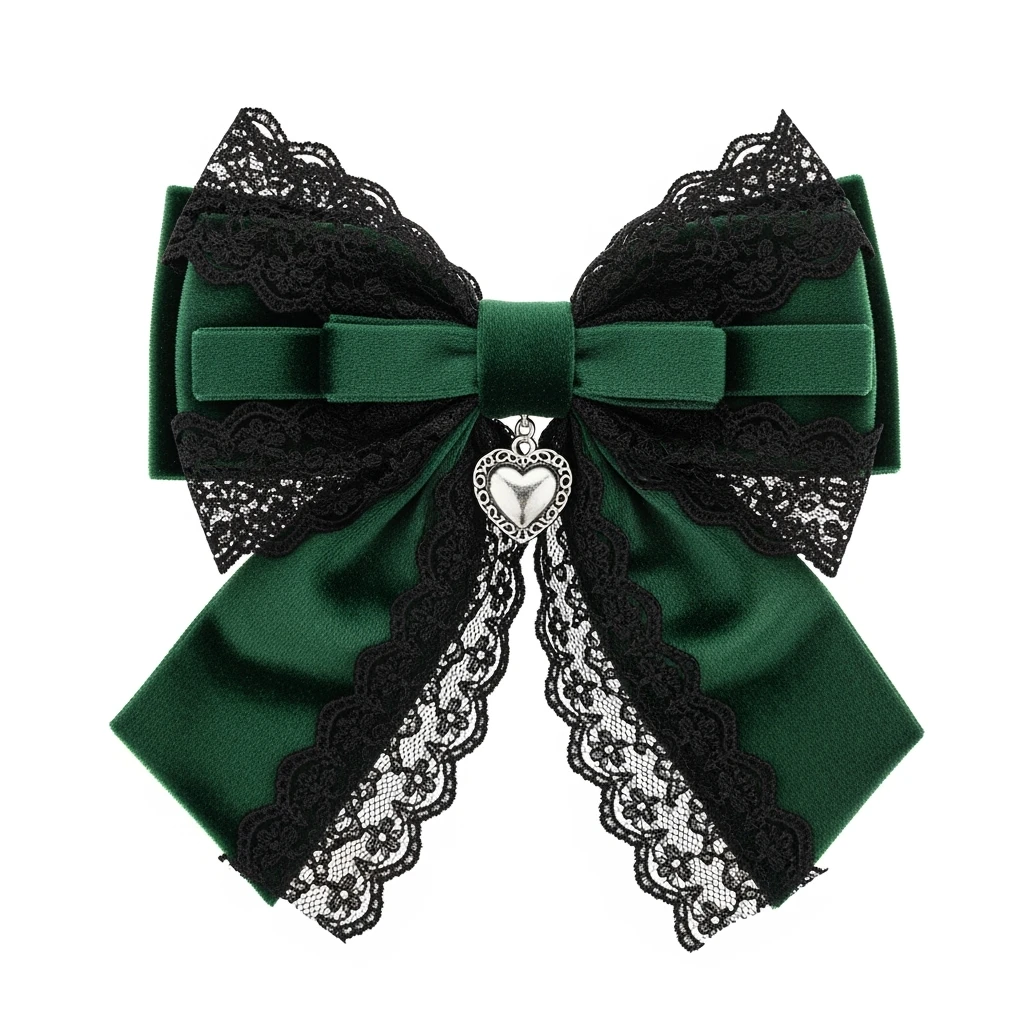 green gothic bow with black lace trim and heart charm, remove background emoji