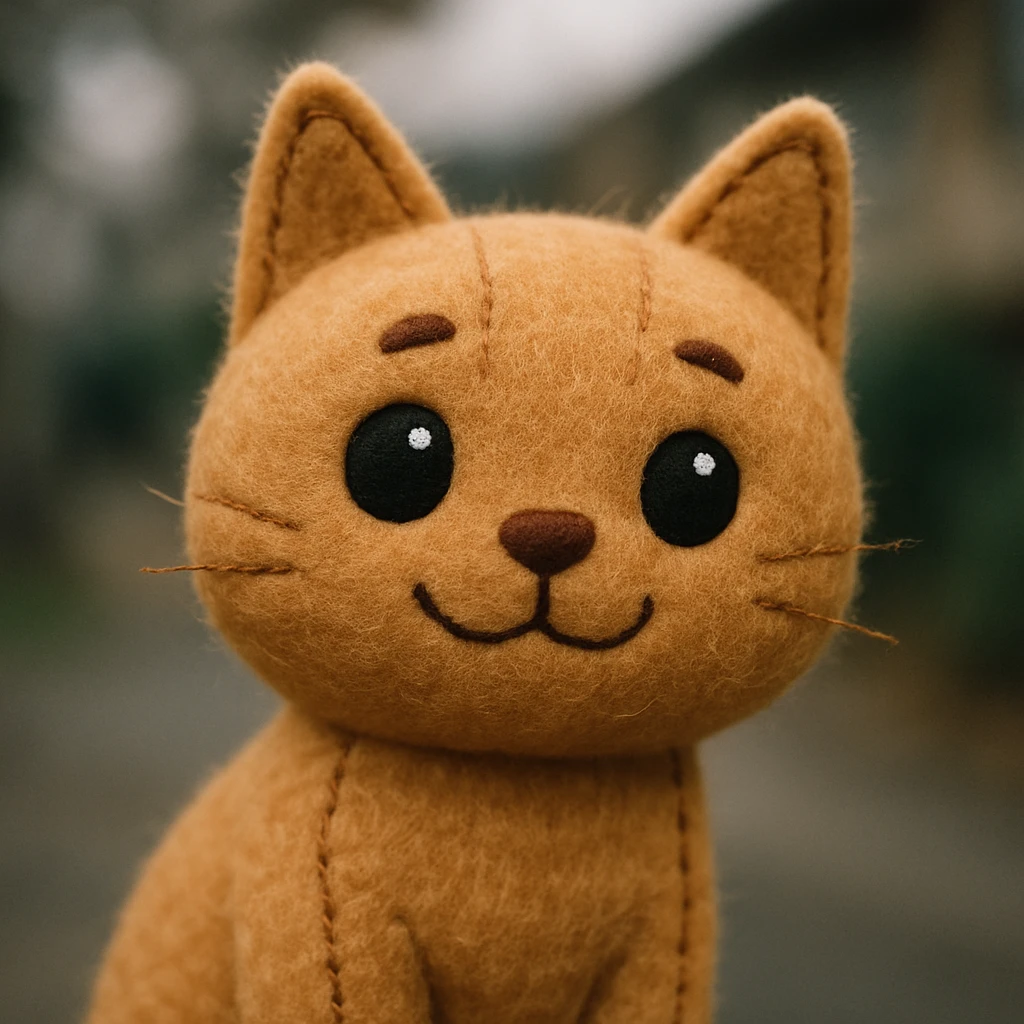 plush portrait of a smiling cat with big eyes, soft fur, and a cute expression emoji