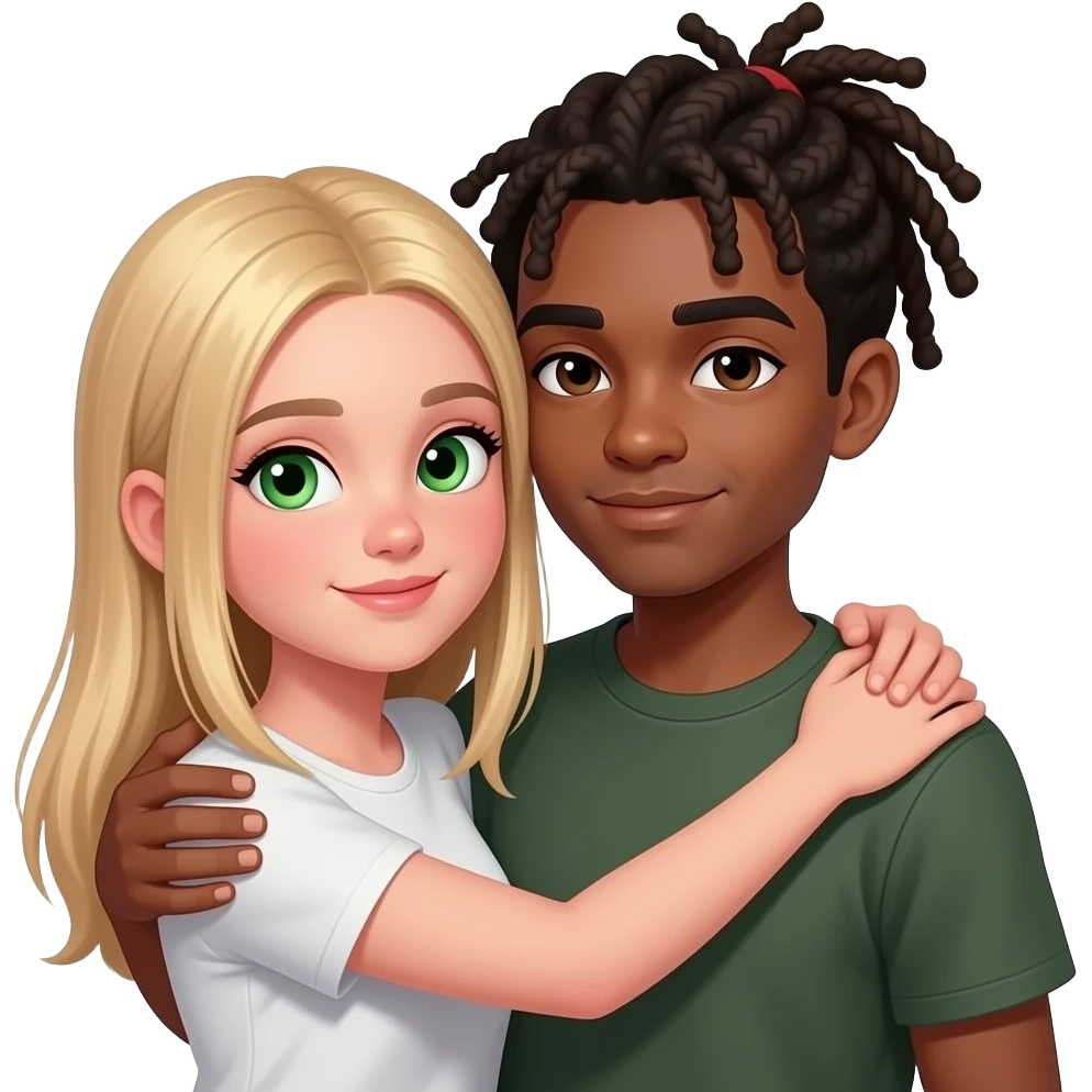 teen white girl with straight blonde hair and green eyes hugging teen black guy with dreads and no facial hair emoji