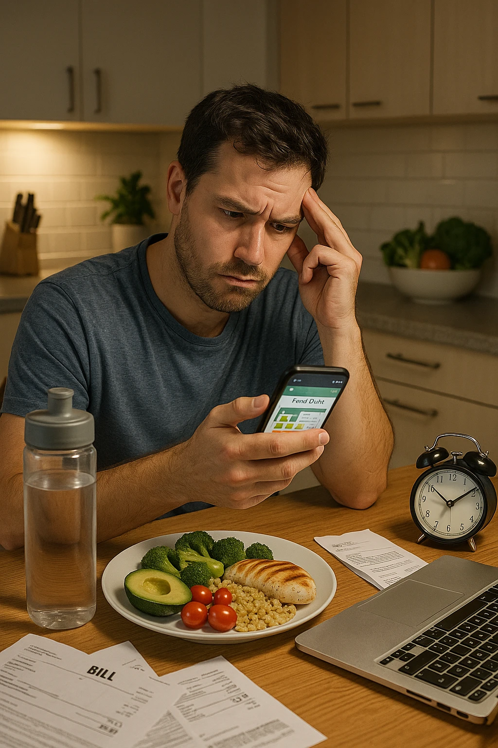  a man sits at his kitchen table, reviewing a food diary or nutrition app on his phone, with a perplexed look. Around him are healthy meal ingredients and a water bottle, but also subtle hints of stress (bills, work laptop) and lack of sleep (alarm clock showing late hour). The mood is thoughtful, highlighting the hidden factors behind weight. emoji