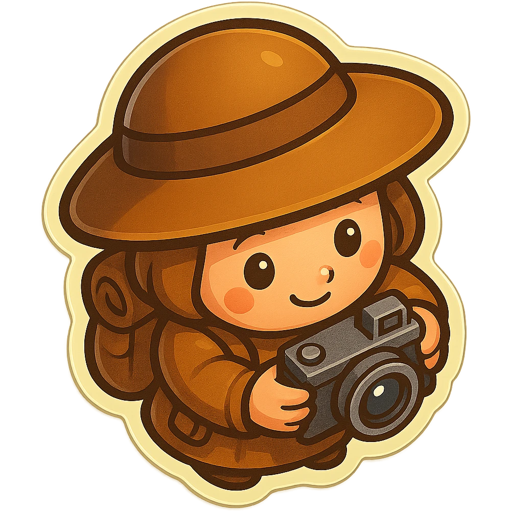 A small, funny medieval pilgrim with a camera, seen from above, in retro stickers style, with a transparent background. emoji