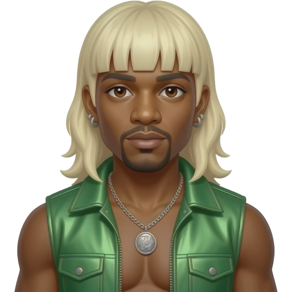 Andre 3000 from Outkast with dark brown eyes, long platinum blonde hair with bang, green metallic vest, shirtless with necklace and earrings emoji