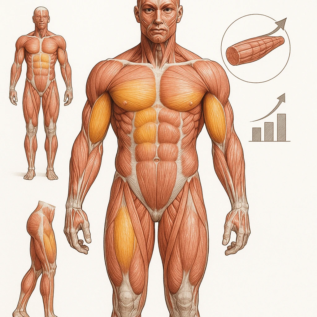 hyper realistic image of human body with large and small muscles highlighted, diagrams and muscle growth symbols, short text 'common physiological response', anatomical details, educational atmosphere, white background emoji