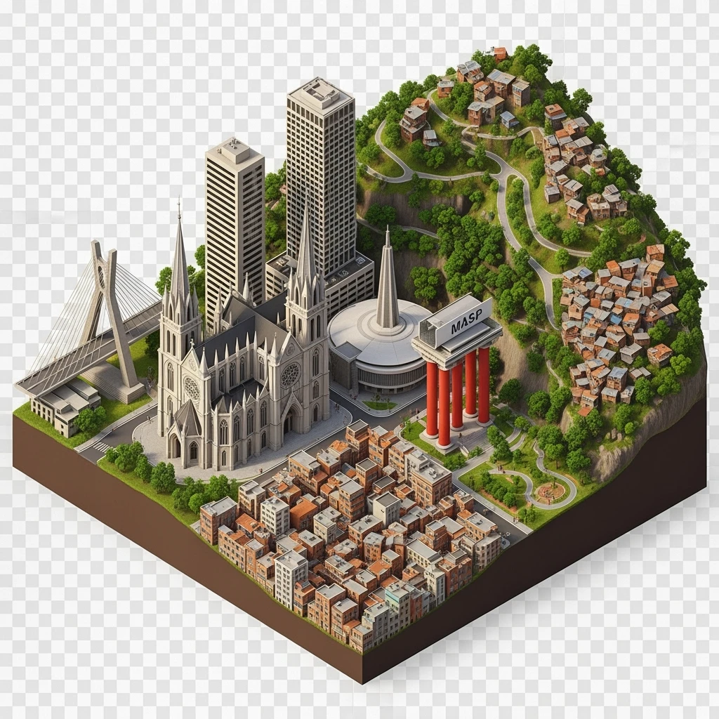 Isometric miniature of São Paulo Catedral da Sé, MASP on red pillars, Octávio Frias Bridge, and Altino Arantes building, favelas on hillsides, dense chaotic urban blocks, and green parks 3D miniature effect and Tilt Shift effect, no cartoonish look, transparent background. emoji