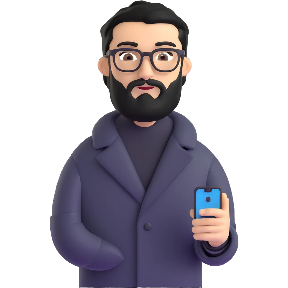 professional man standing upright, wearing black coat, with medium black beard, neat black hair, connected unibrow, olive tan skin, brown eyes, glasses, prominent nose, holding a smartphone emoji