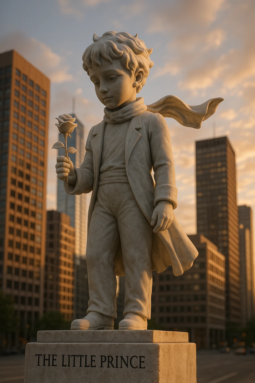 A marble statue of the Little Prince with a rose in his hand, placed in a modern cityscape. The pedestal inscription reads [TEXT]. Ultra-realism, sunset, low-angle perspective. emoji