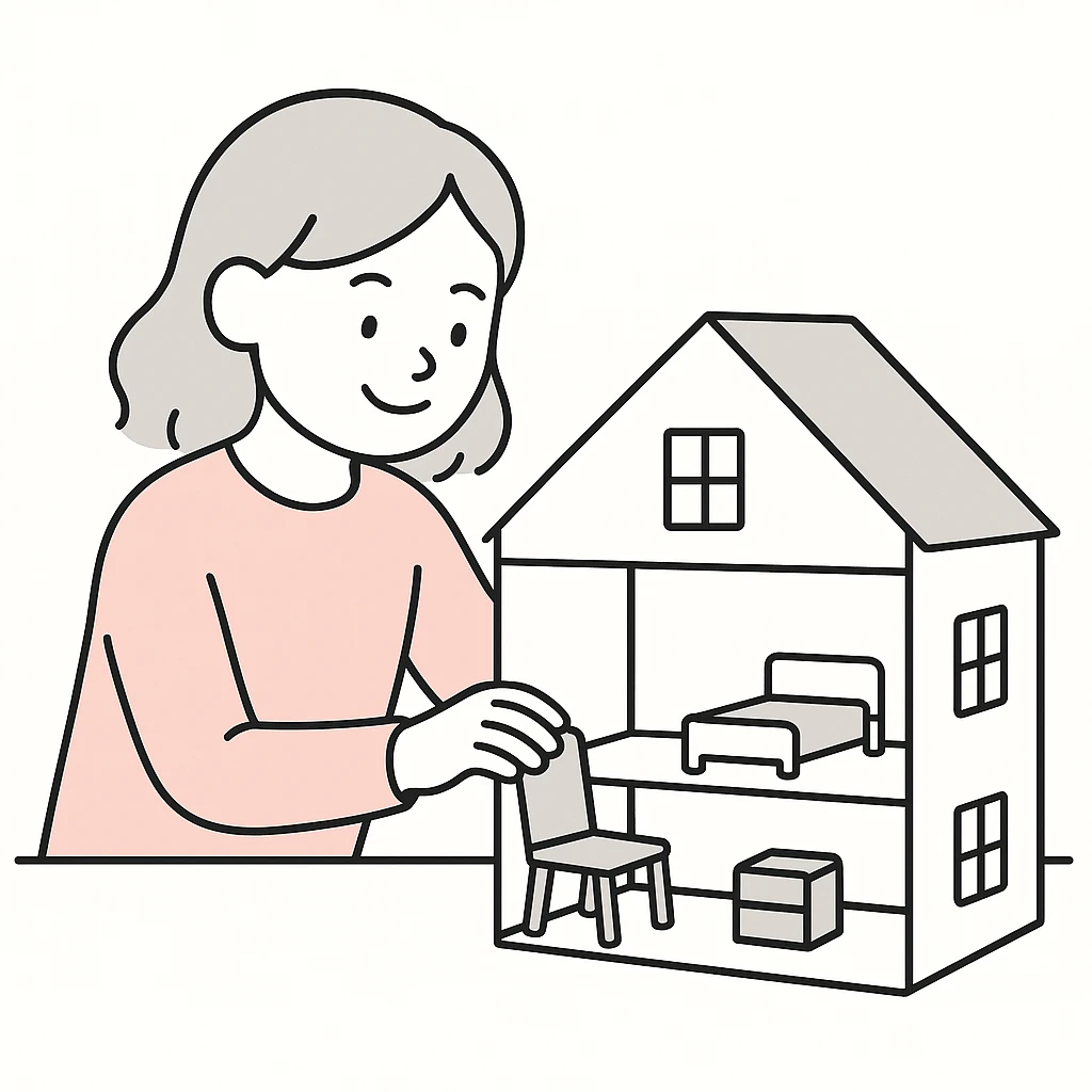 smiling girl arranging furniture in doll house emoji