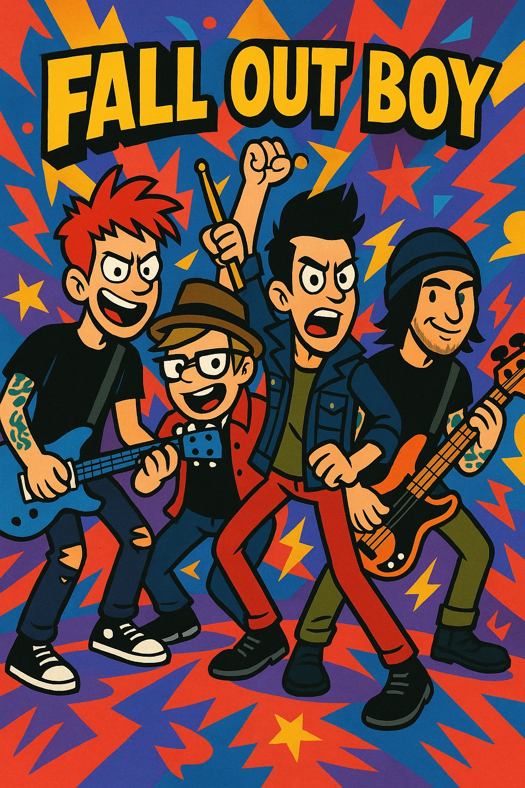 Fall Out Boy band in vibrant toon style, group pose, colorful and dynamic, pop-punk vibe emoji