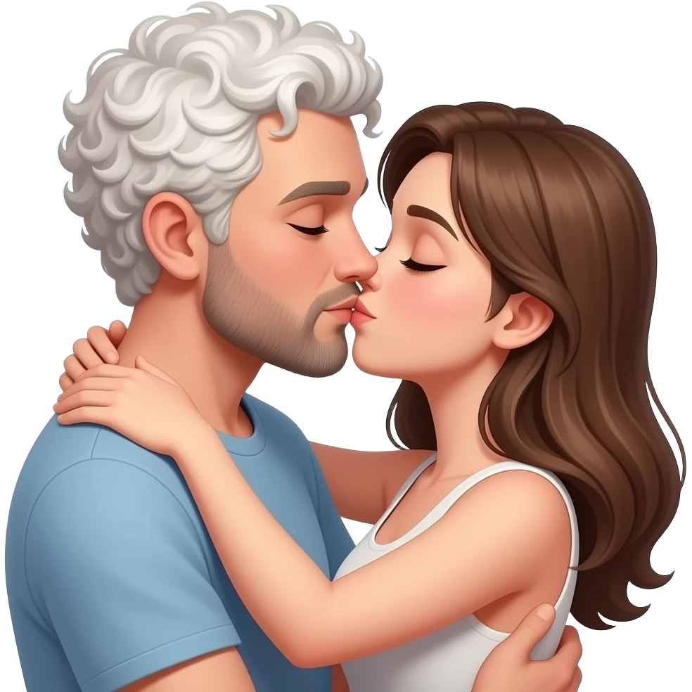Realistic white man super short curly hair with beard kissing passionately and hugging realistic white girl brown hair emoji