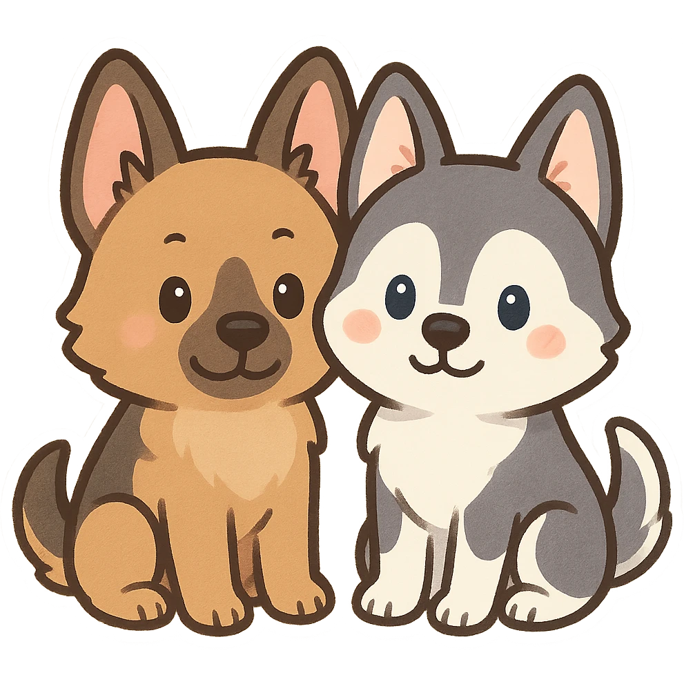 chibi sticker of two dogs, one German Shepherd and one Husky, sitting together, inspired by the reference photo emoji