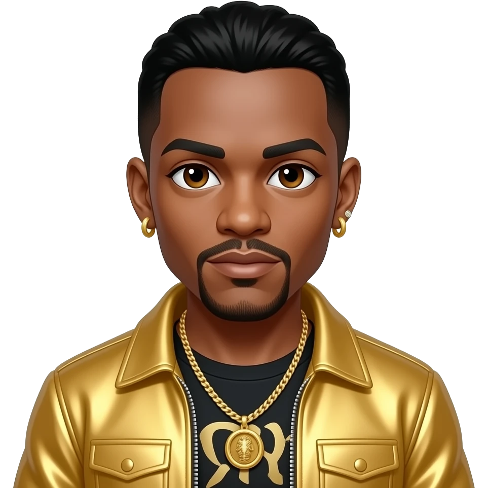 MC Hammer with brown eyes, black fade top hair, gold hip hop outfit, necklace and earrings emoji