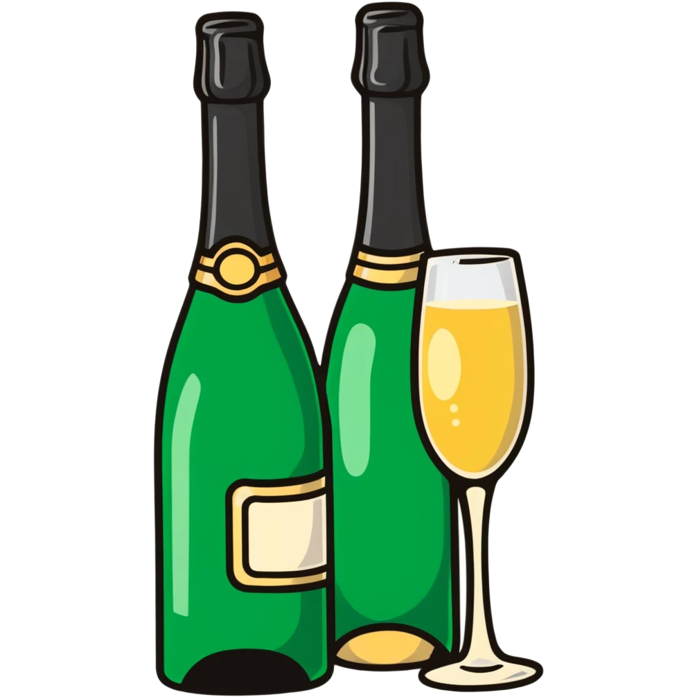cartoon sticker of a champagne bottle and glass emoji