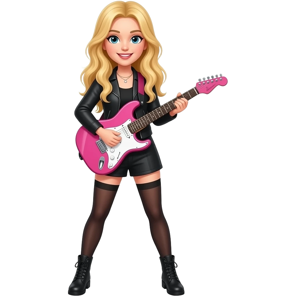 Old iOS 18 style emoji of a blonde woman with long hair wearing black clothes and boots playing a pink guitar. emoji