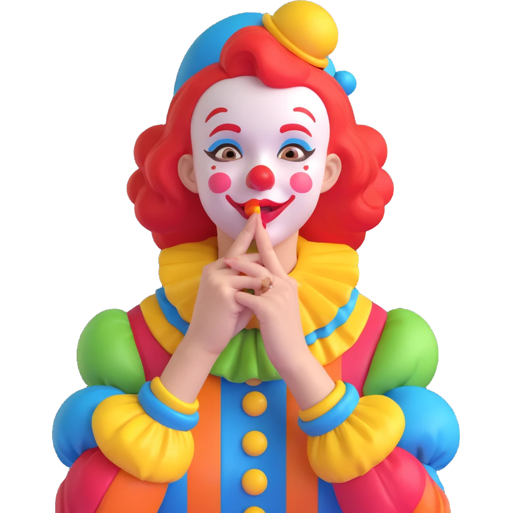 whimsical clown girl, hand close to her lips as if telling a secret, bright costume, cheerful and mysterious emoji