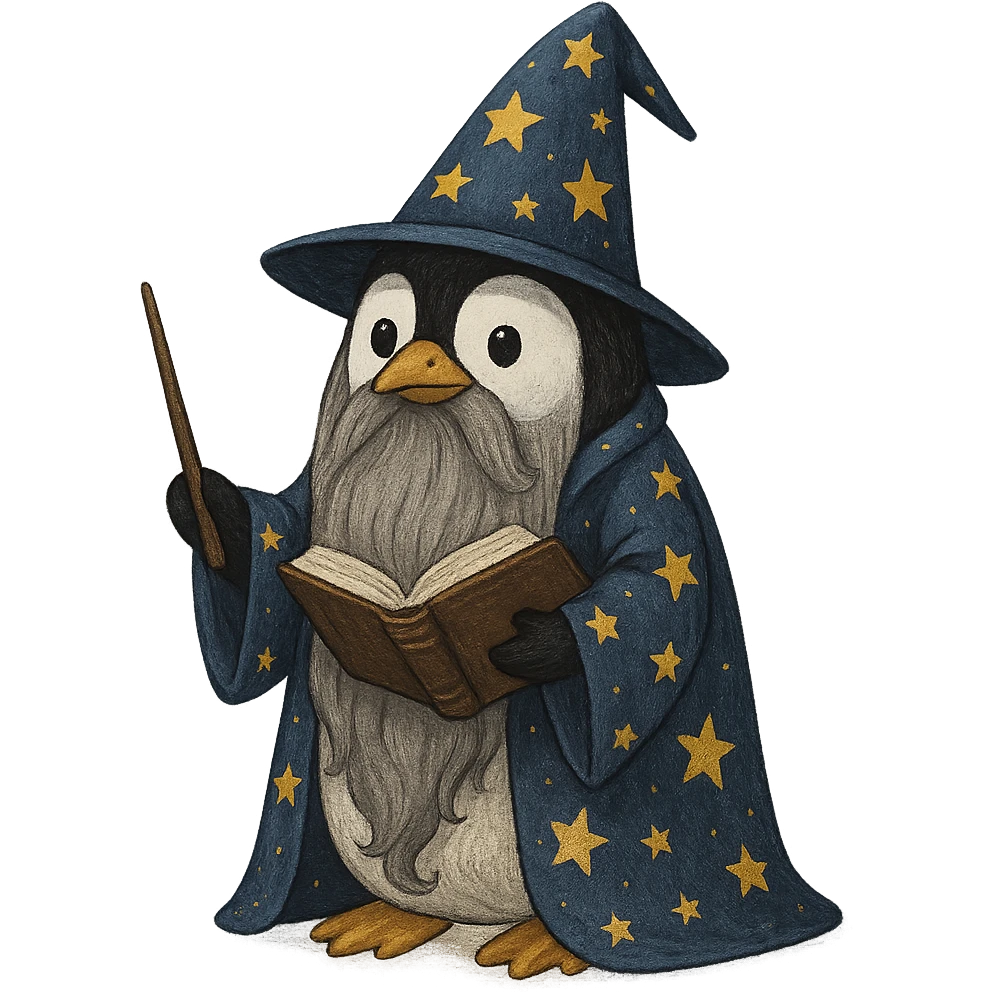 penguin wizard with a long beard, starry robe, holding a book emoji