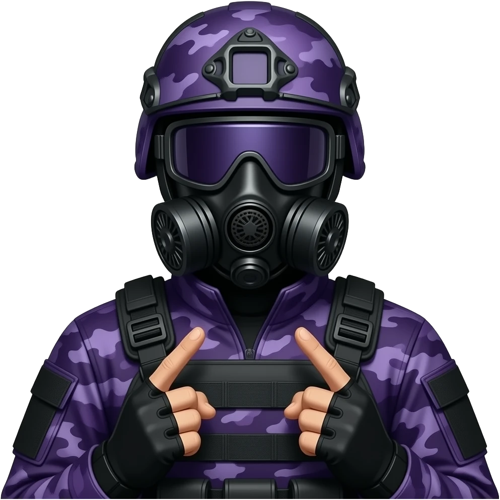 Man with two middle fingers black gogglesin dark purple camoflage tactical gear helmet full face dark purple gasmask emoji